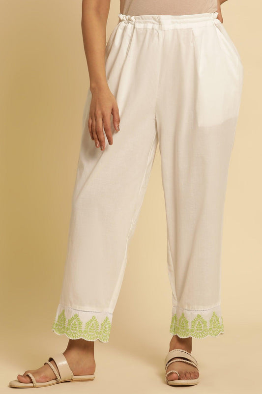 W for Woman Ecru Straight Pants With Embroidered Hemline