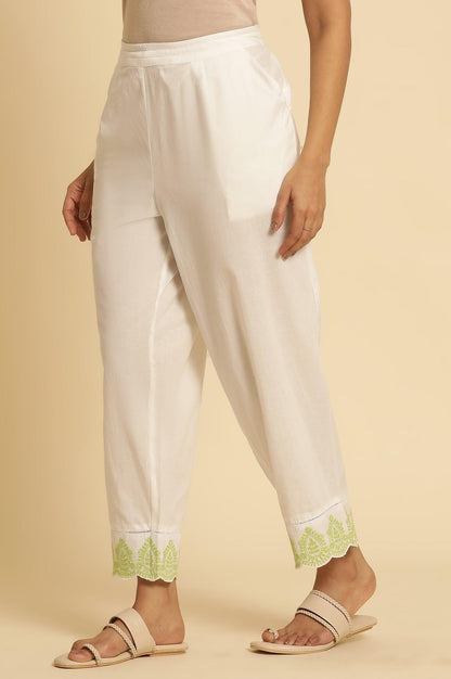 W for Woman Ecru Straight Pants With Embroidered Hemline