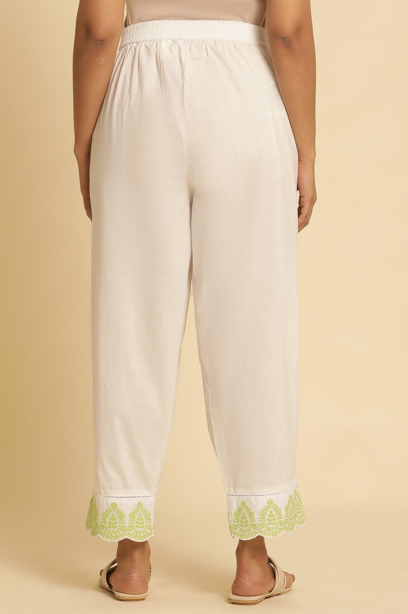 W for Woman Ecru Straight Pants With Embroidered Hemline