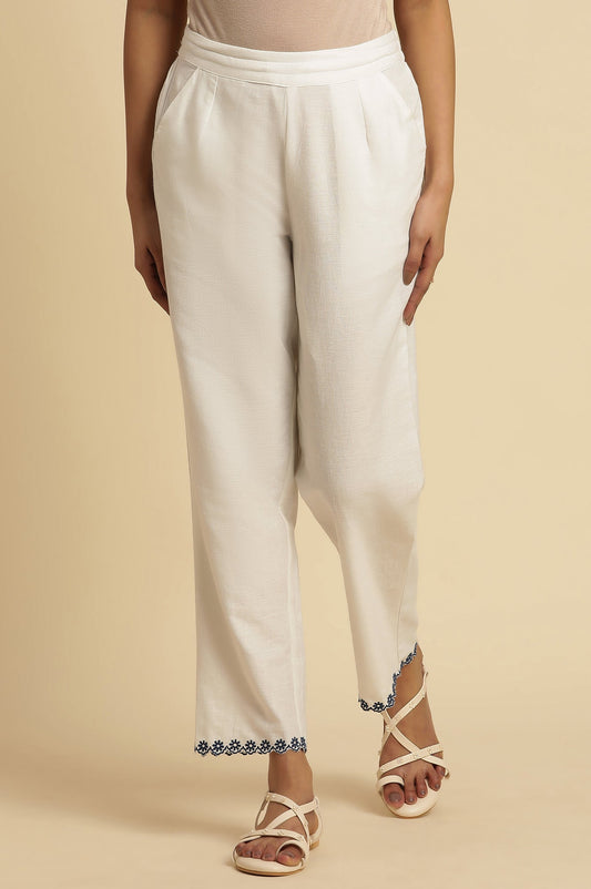 W for Woman White Straight Pants With Embroidered Hemline