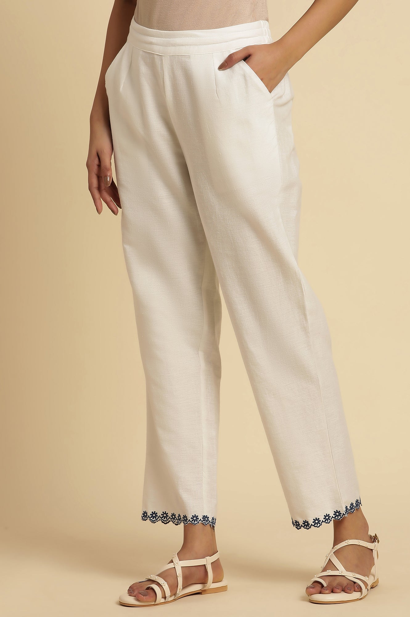 W for Woman White Straight Pants With Embroidered Hemline