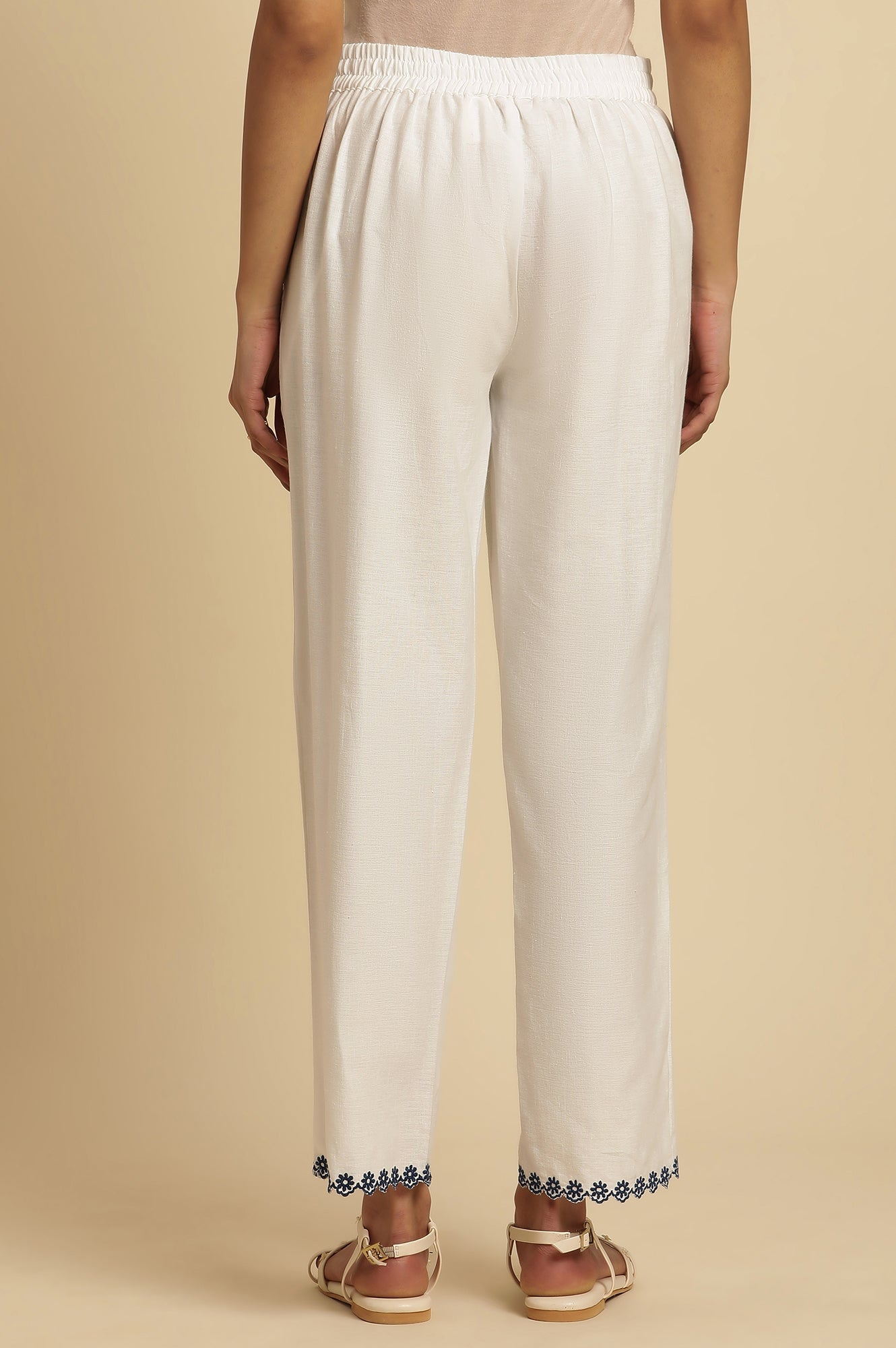 W for Woman White Straight Pants With Embroidered Hemline