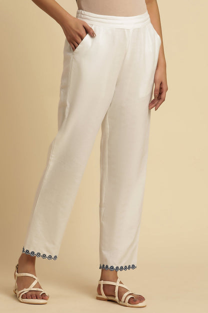 W for Woman White Straight Pants With Embroidered Hemline