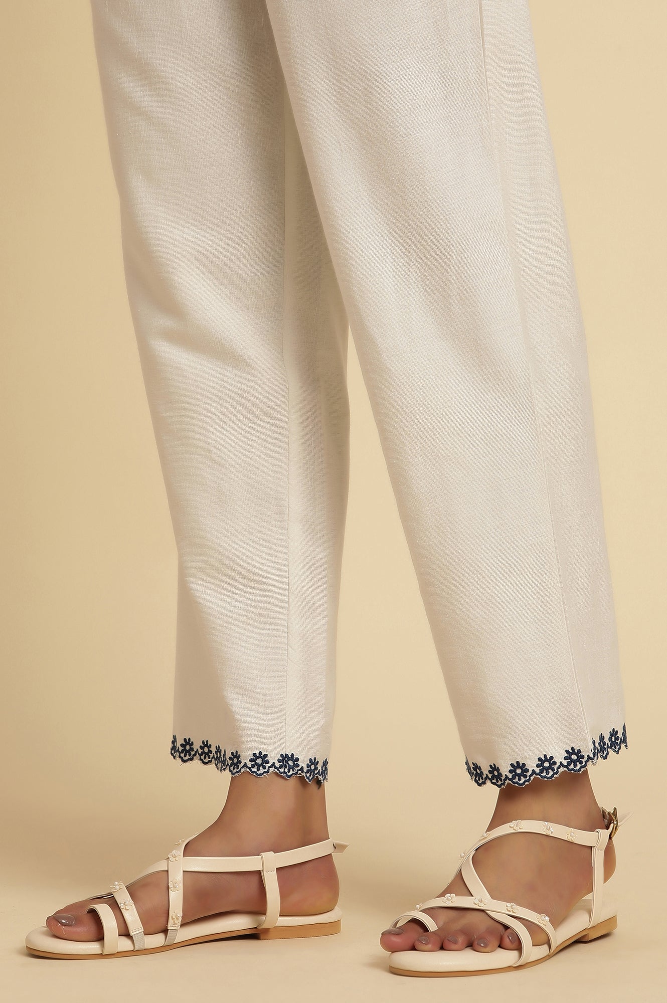 W for Woman White Straight Pants With Embroidered Hemline