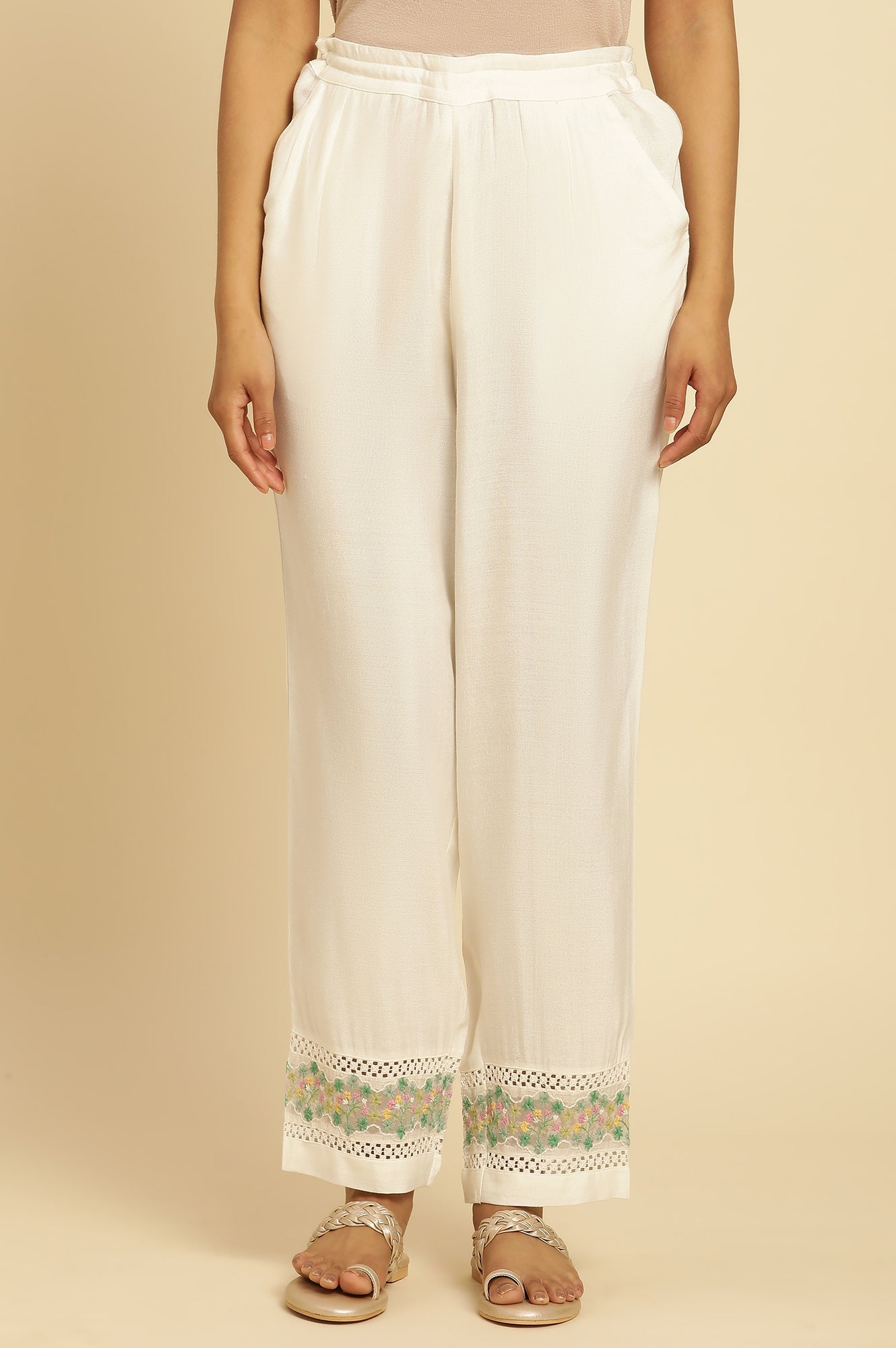 W for Woman White Straight Pants With Embroidered Hemline