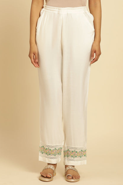 W for Woman White Straight Pants With Embroidered Hemline