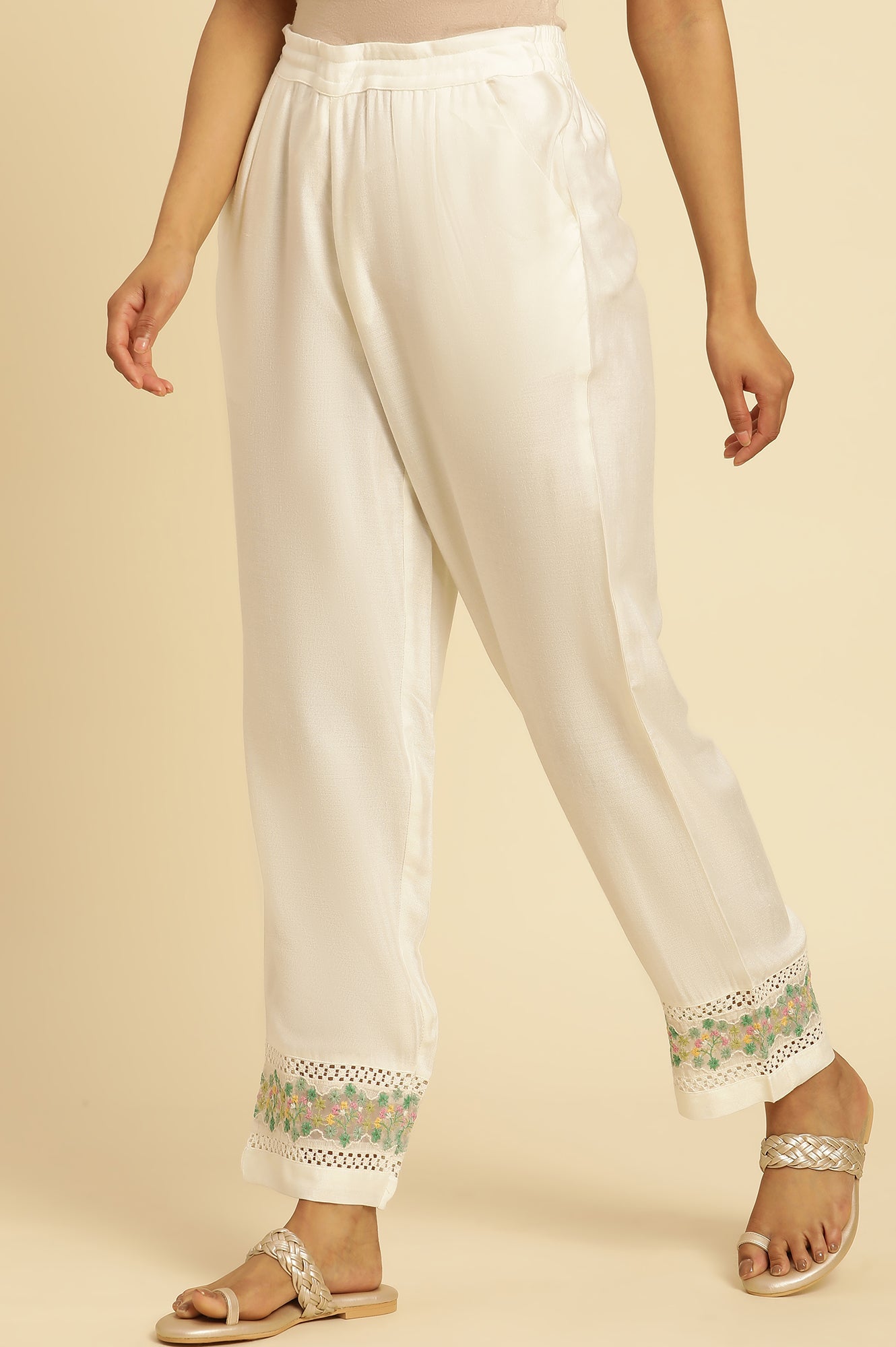 W for Woman White Straight Pants With Embroidered Hemline