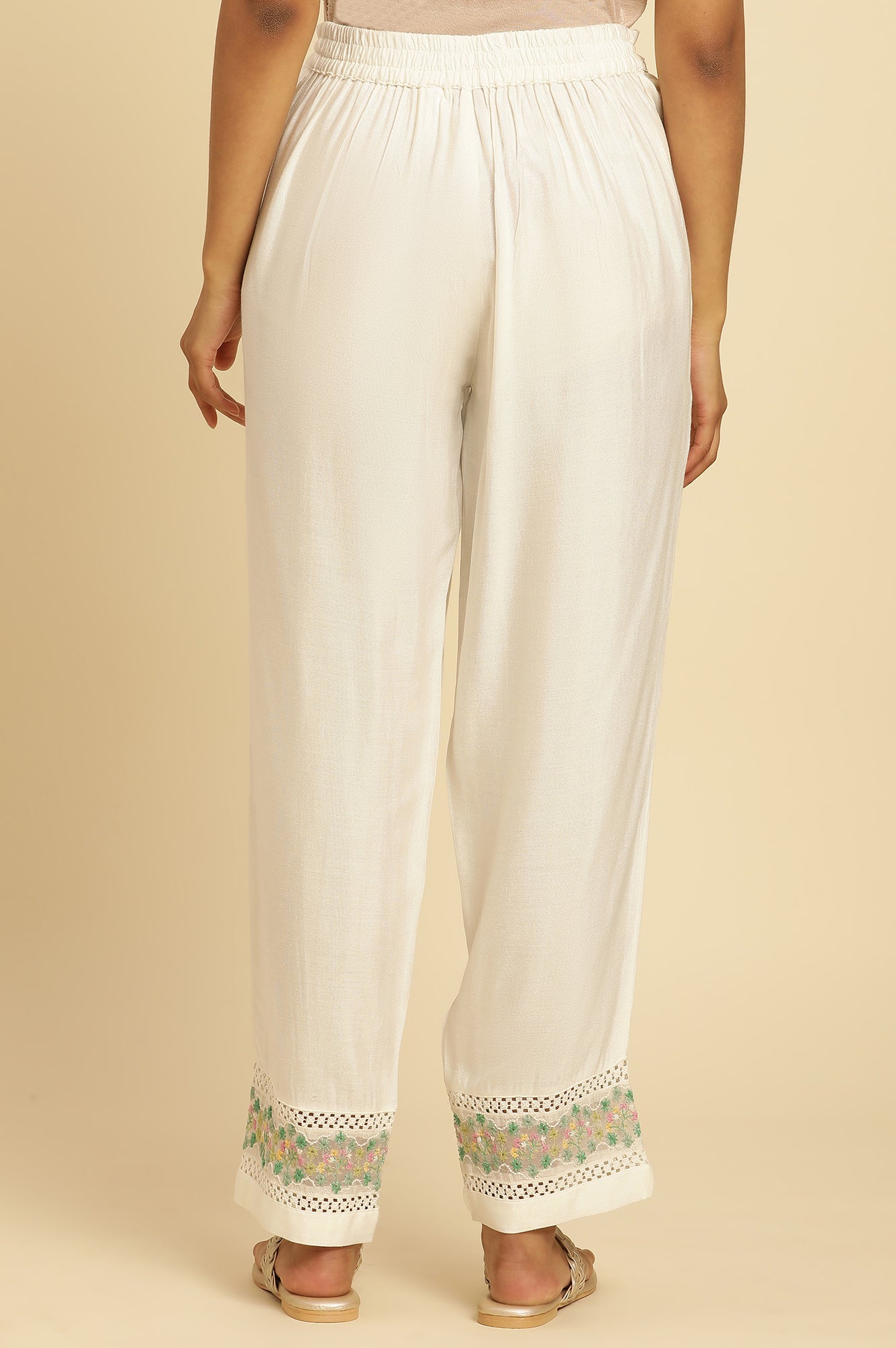 W for Woman White Straight Pants With Embroidered Hemline
