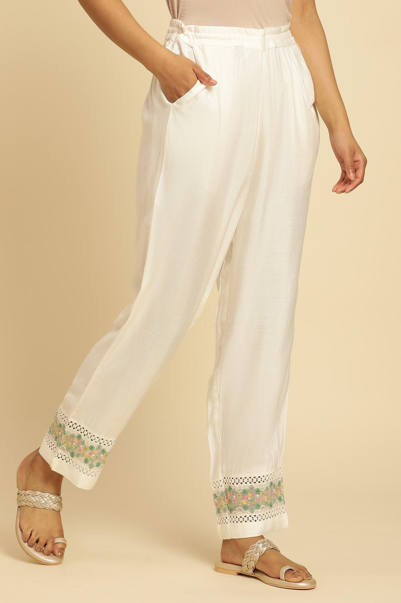 W for Woman White Straight Pants With Embroidered Hemline
