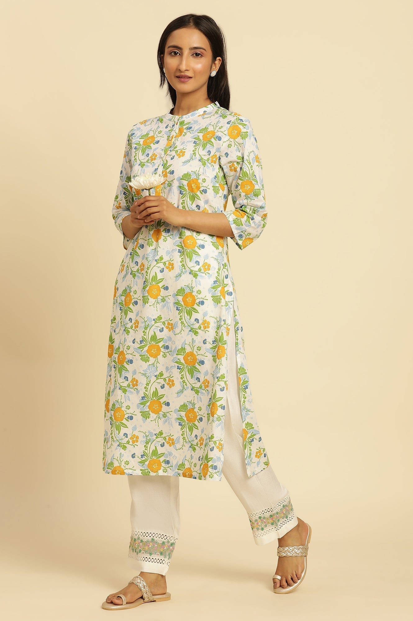 W for Woman White Straight Pants With Embroidered Hemline