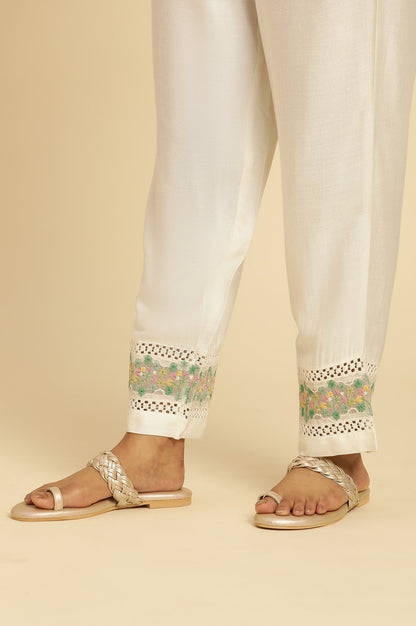 W for Woman White Straight Pants With Embroidered Hemline