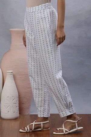 W for Woman White Printed Salwar Pants With Pleats