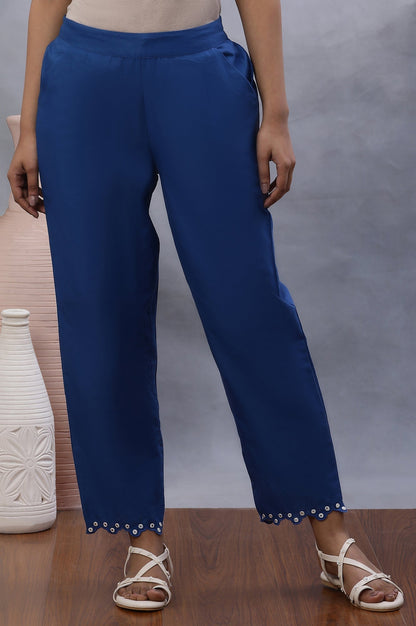 W for Woman Blue Cotton Straight Pants With Mirror Hemline