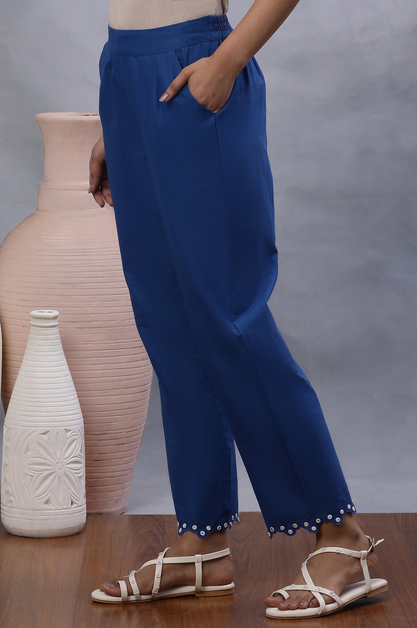 W for Woman Blue Cotton Straight Pants With Mirror Hemline