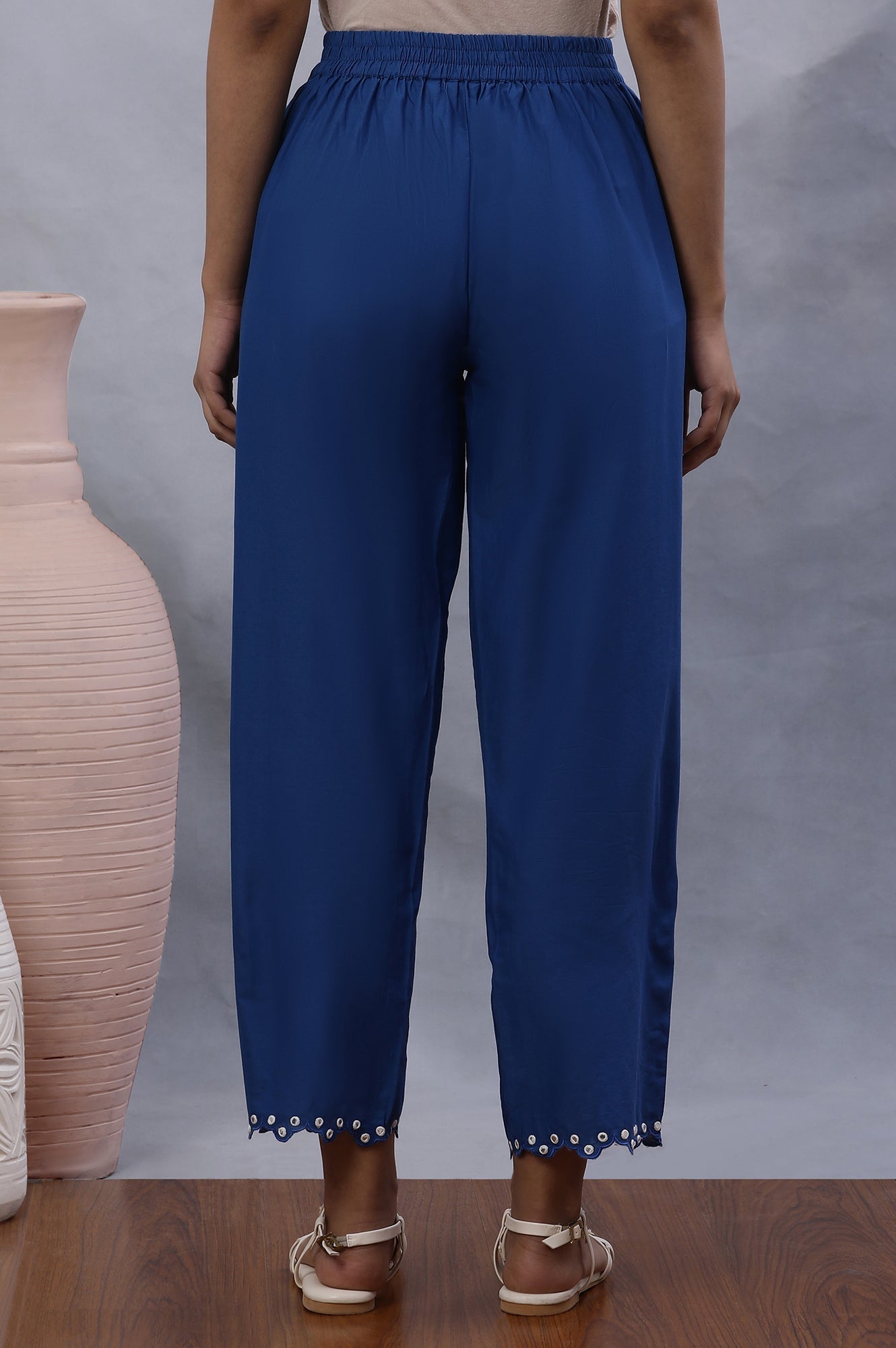 W for Woman Blue Cotton Straight Pants With Mirror Hemline