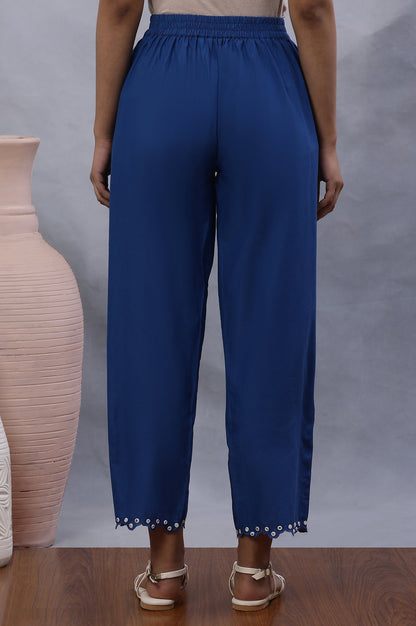 W for Woman Blue Cotton Straight Pants With Mirror Hemline