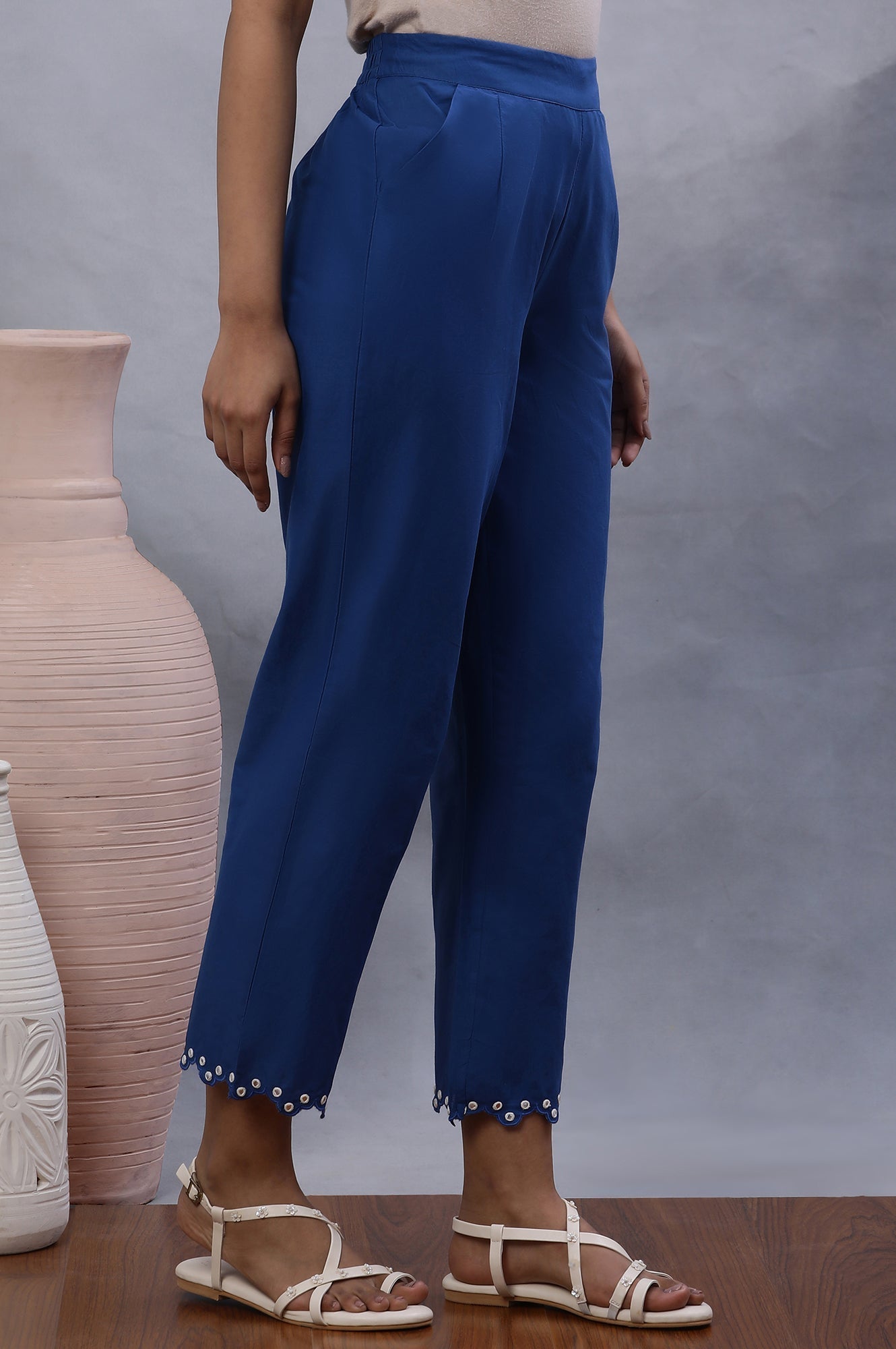W for Woman Blue Cotton Straight Pants With Mirror Hemline