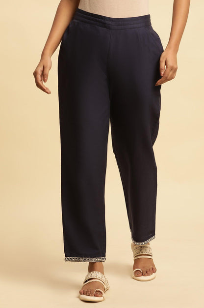 W for Woman Blue Cotton Flax Straight Pants With Embroidery