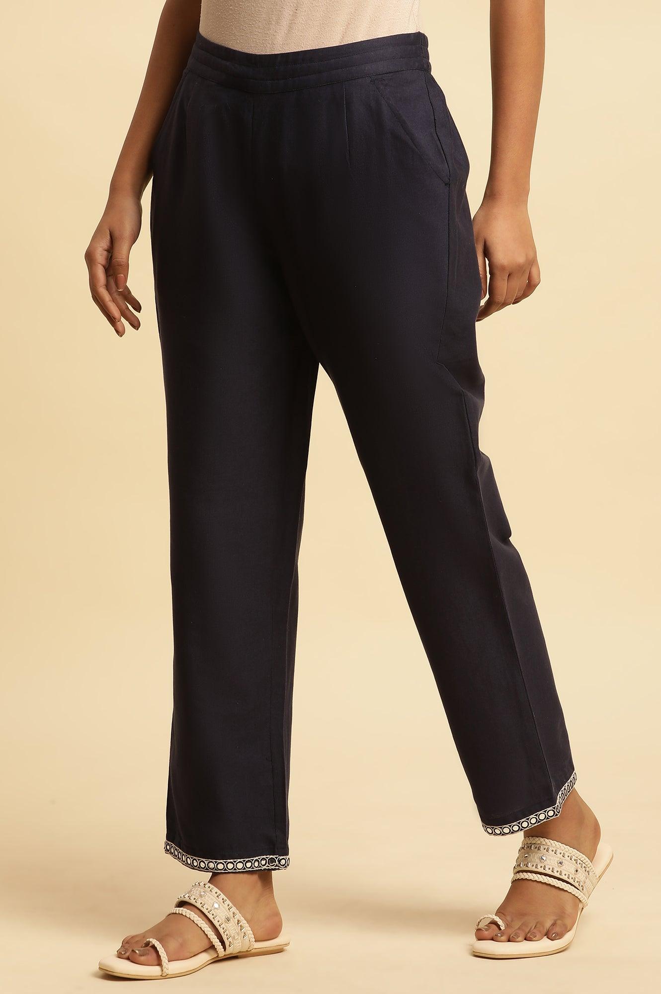 W for Woman Blue Cotton Flax Straight Pants With Embroidery
