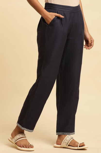 W for Woman Blue Cotton Flax Straight Pants With Embroidery