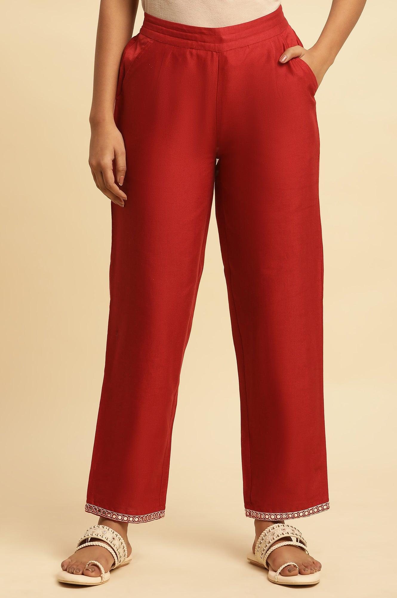 W for Woman Red Cotton Flax Straight Pants With Embroidery