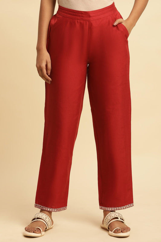 W for Woman Red Cotton Flax Straight Pants With Embroidery