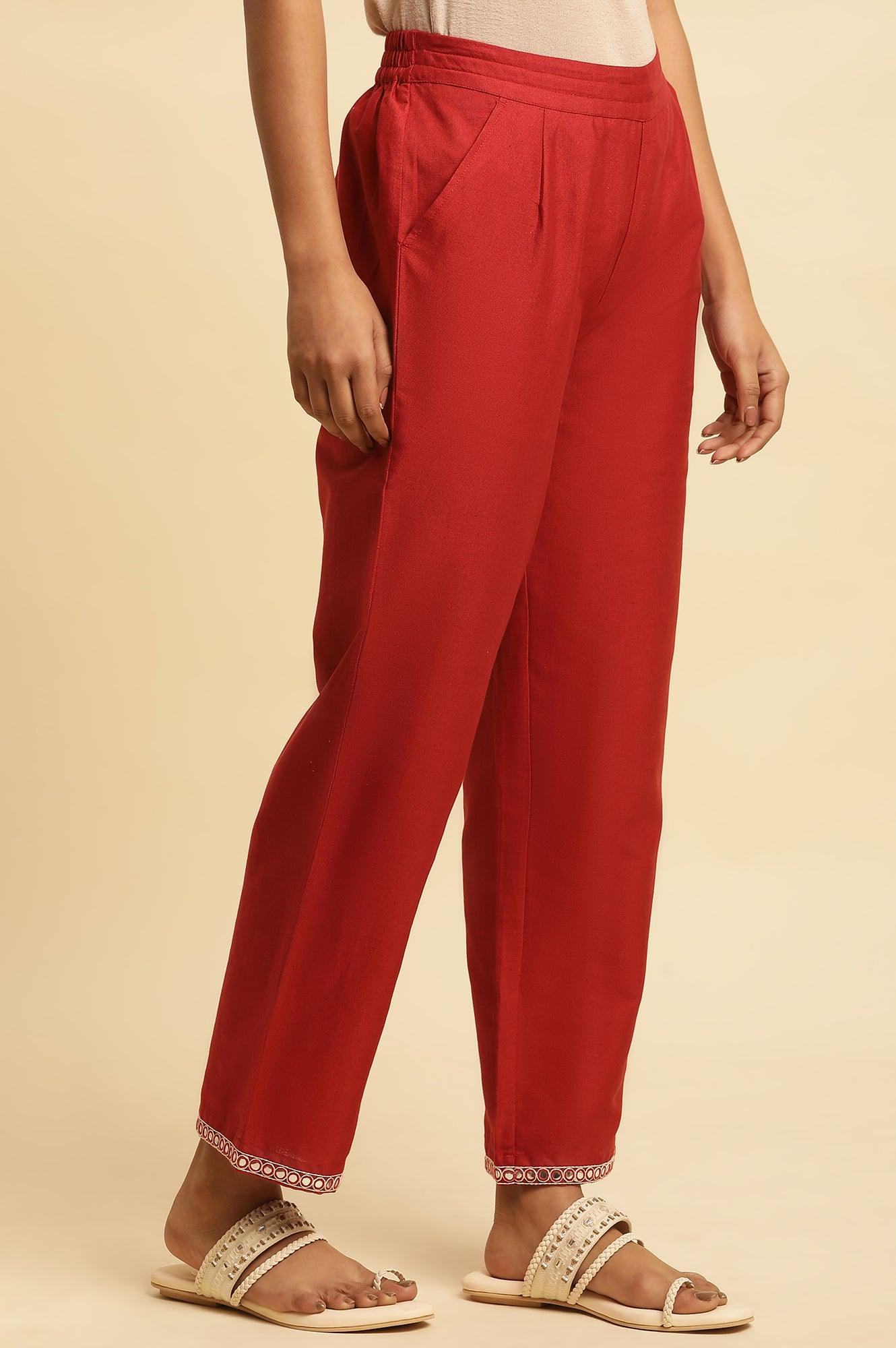 W for Woman Red Cotton Flax Straight Pants With Embroidery