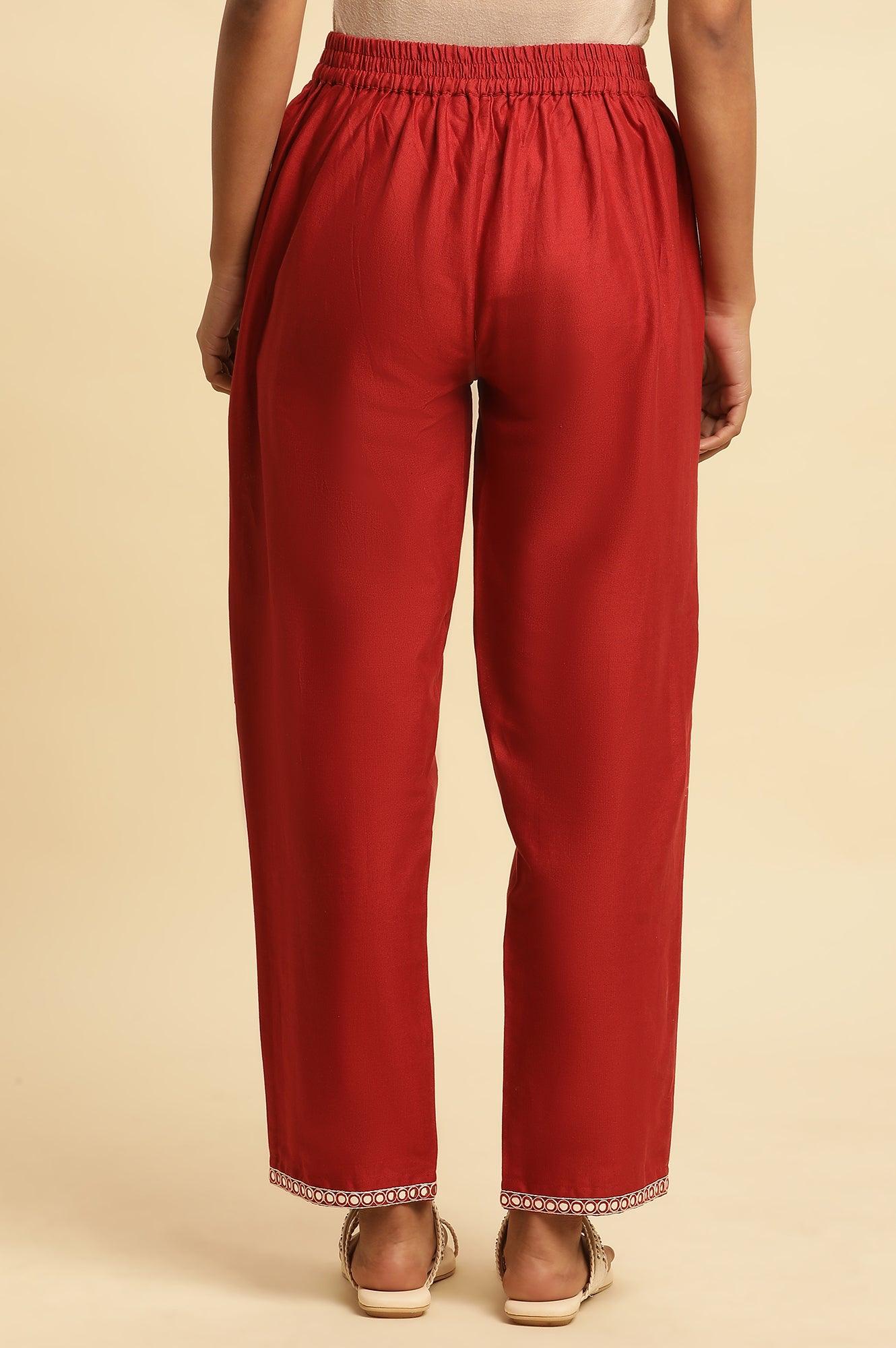 W for Woman Red Cotton Flax Straight Pants With Embroidery