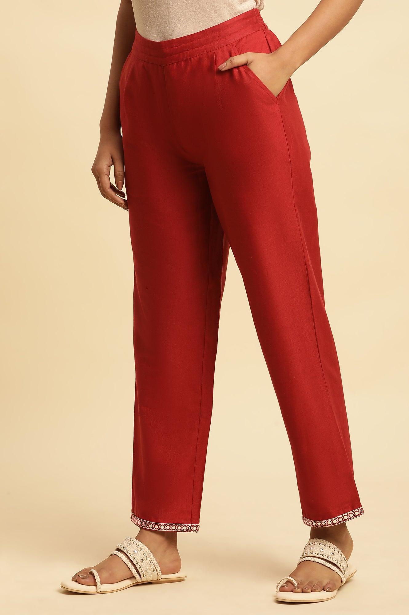 W for Woman Red Cotton Flax Straight Pants With Embroidery