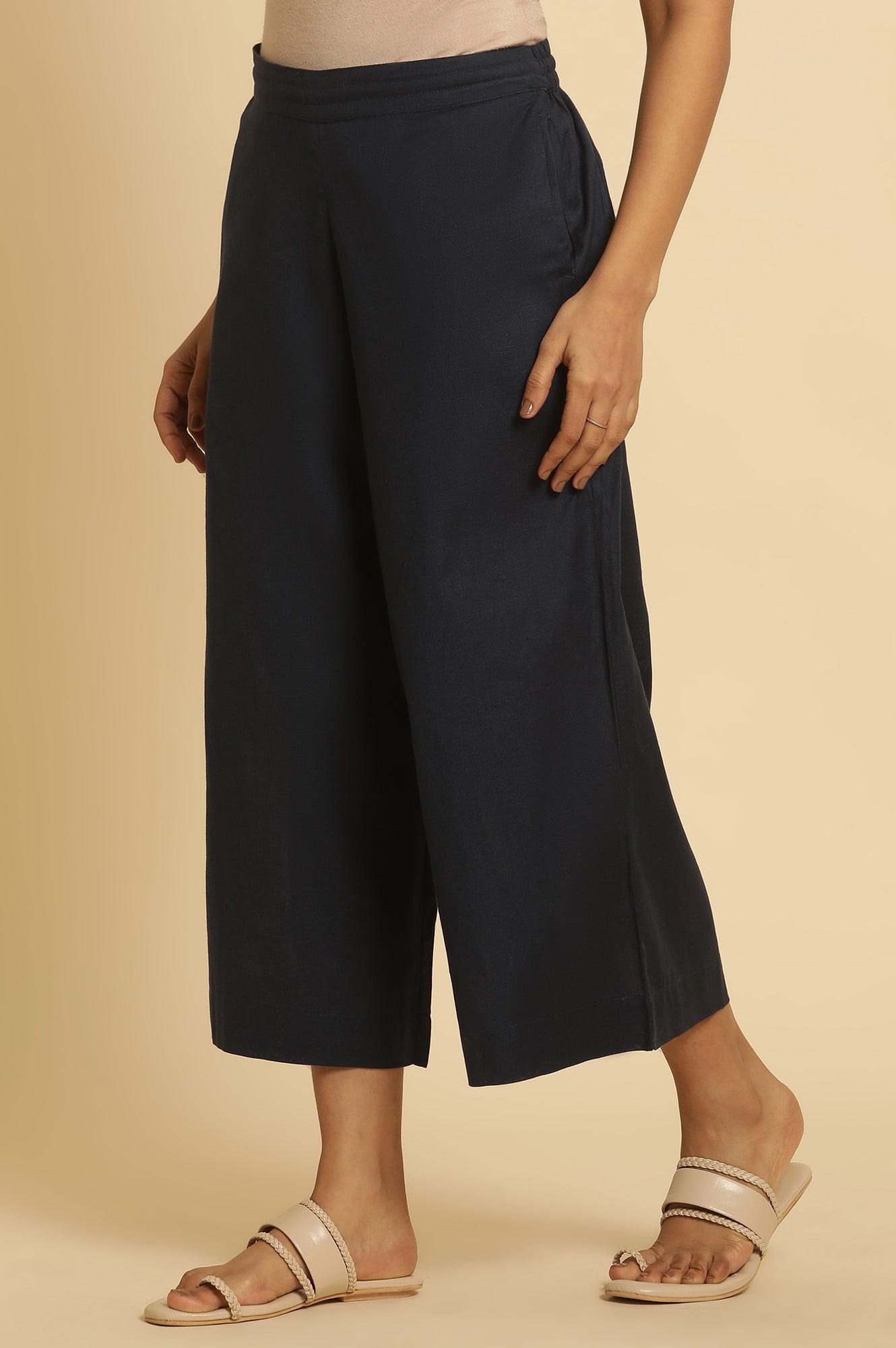 W for Woman Blue Cotton Flax Flared Pants