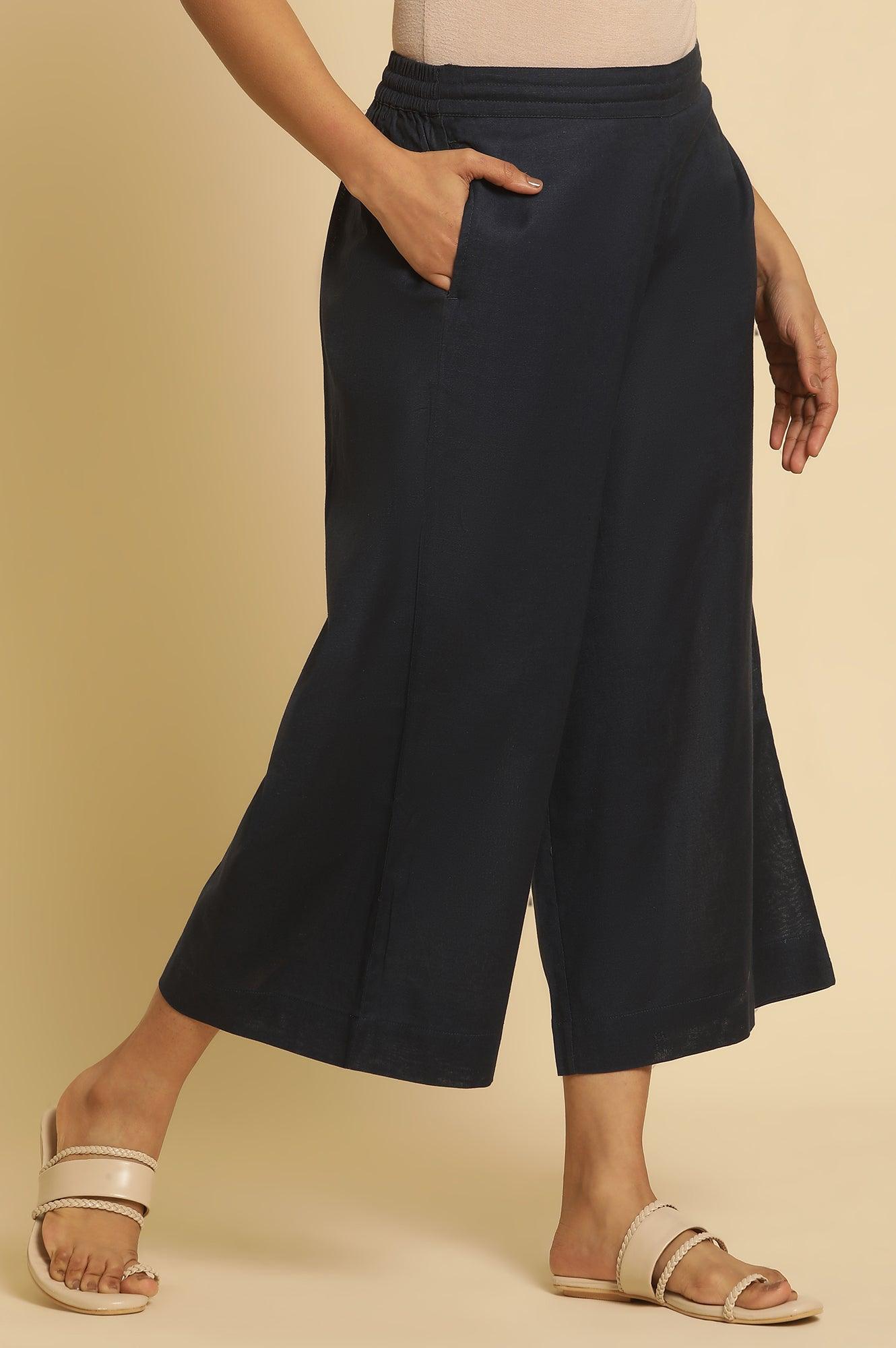 W for Woman Blue Cotton Flax Flared Pants