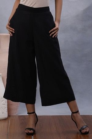 W for Woman Black Cotton Flax Flared Pants