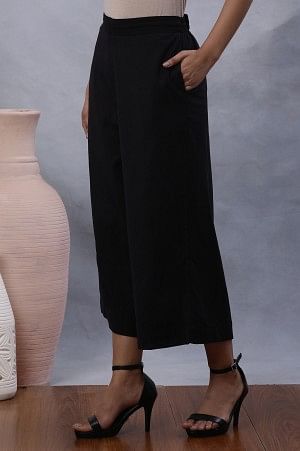 W for Woman Black Cotton Flax Flared Pants