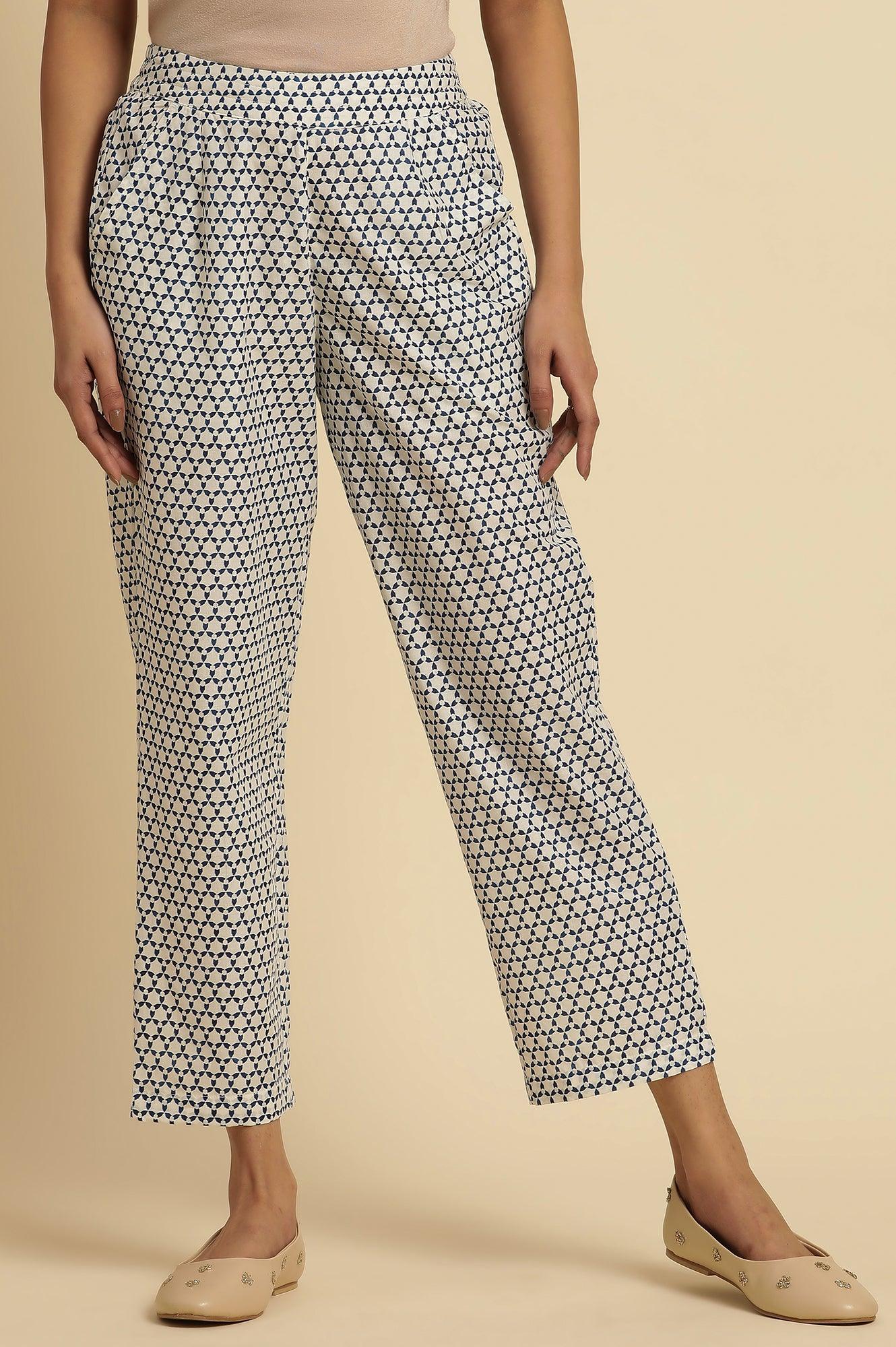 W for Woman White Straight Pants With Blue Triangle Print