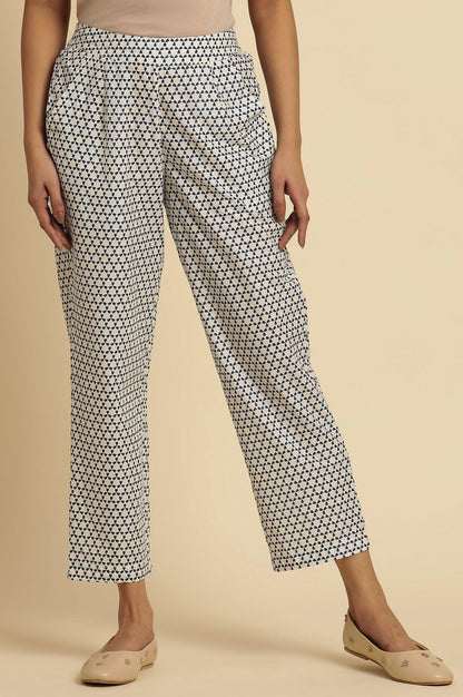 W for Woman White Straight Pants With Blue Triangle Print