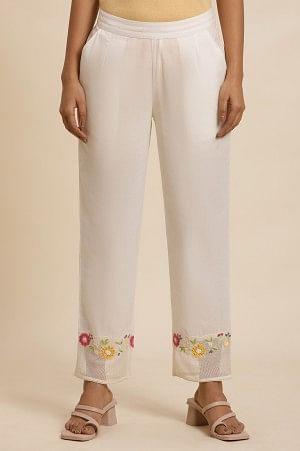W for Woman White Cotton Pants With Embroidered Mesh Hemline