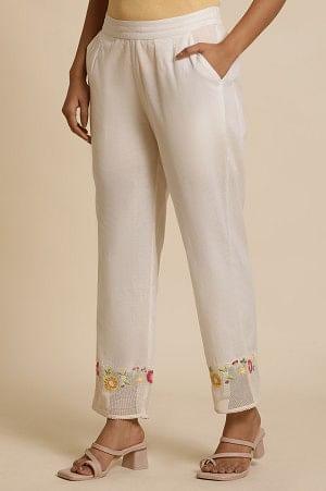 W for Woman White Cotton Pants With Embroidered Mesh Hemline