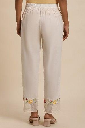 W for Woman White Cotton Pants With Embroidered Mesh Hemline