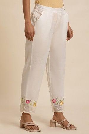 W for Woman White Cotton Pants With Embroidered Mesh Hemline