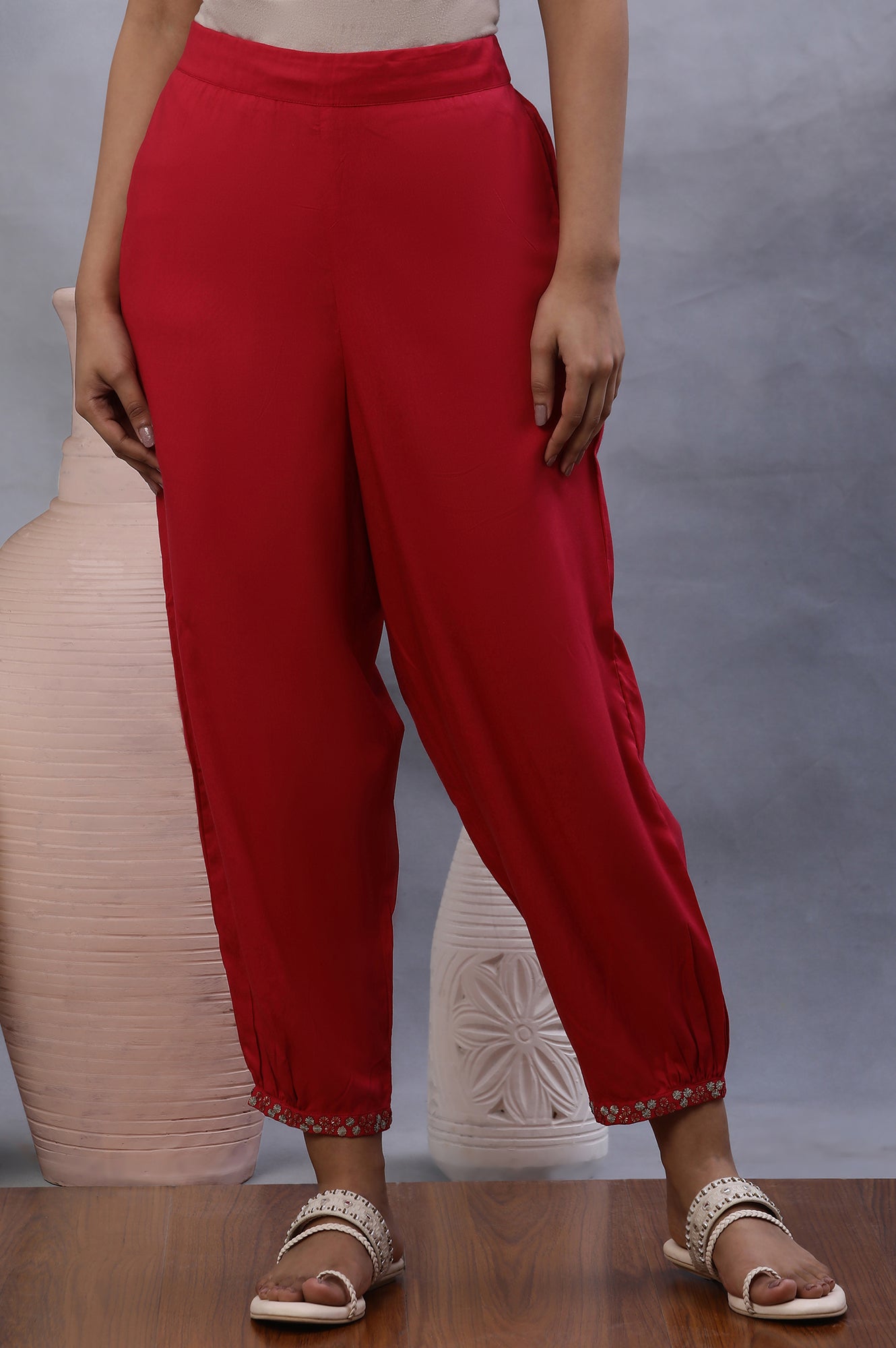 W for Woman Hot Pink Gathered Pants With Embellished Hemline