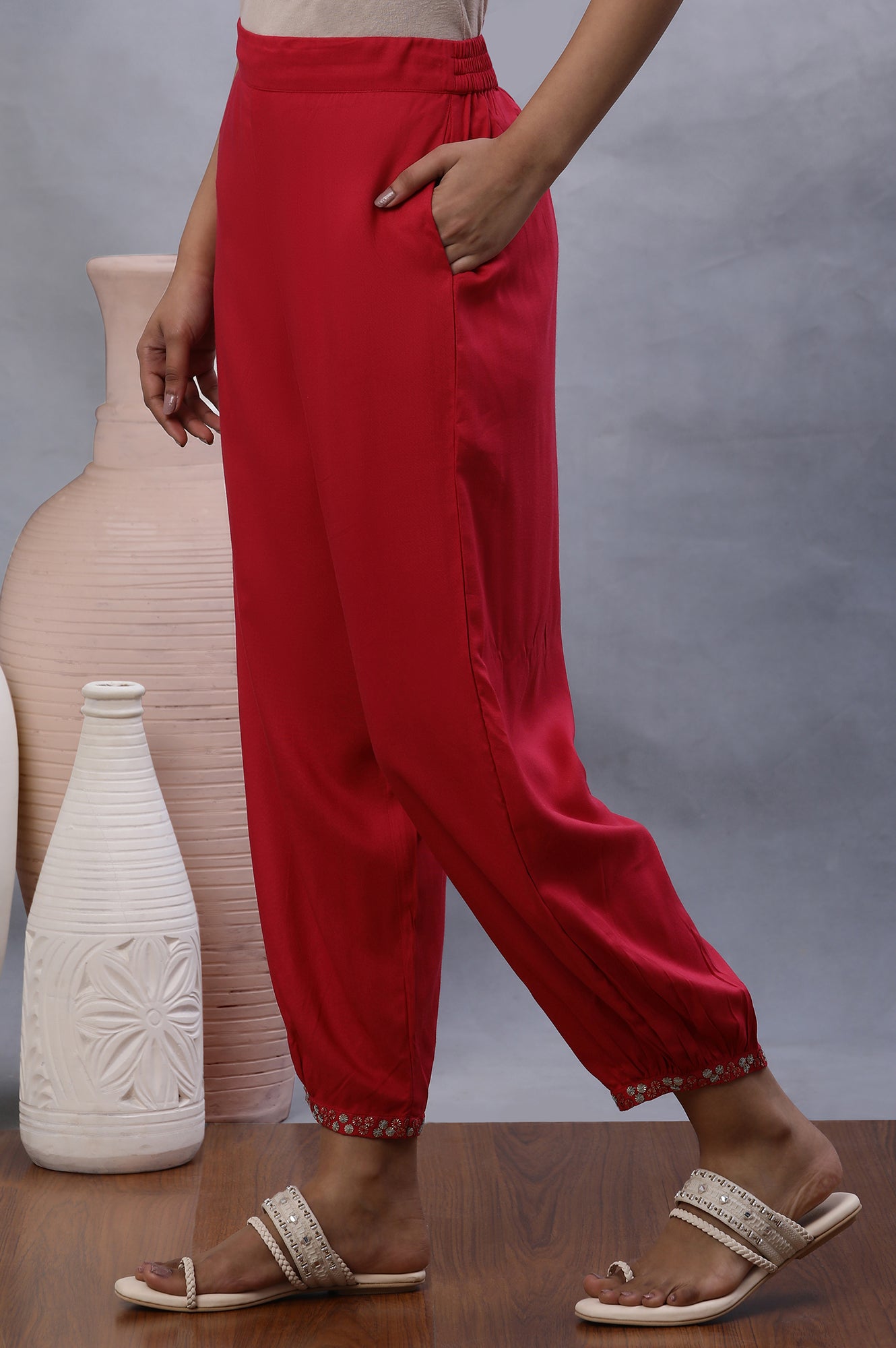 W for Woman Hot Pink Gathered Pants With Embellished Hemline
