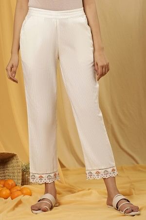 W for Woman Whte Stripe Printed Cotton Pants With Embroidered Hemline