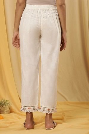 W for Woman Whte Stripe Printed Cotton Pants With Embroidered Hemline