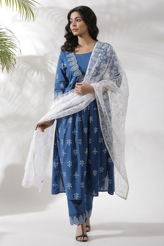 W for Woman White Printed Brasso Dupatta