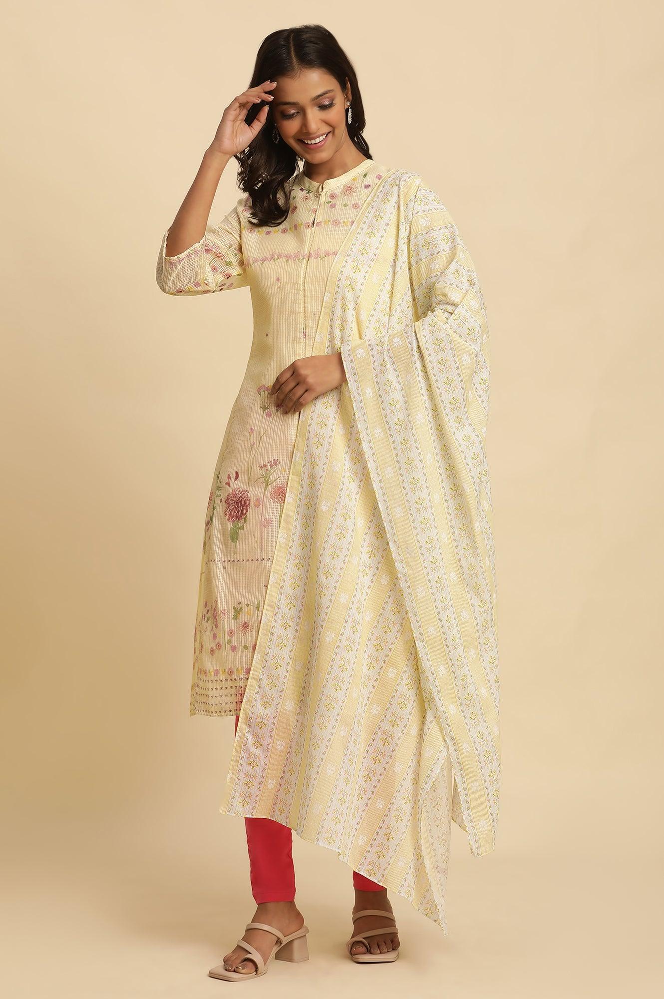W for Woman Yellow Floral Printed Cotton Dupatta
