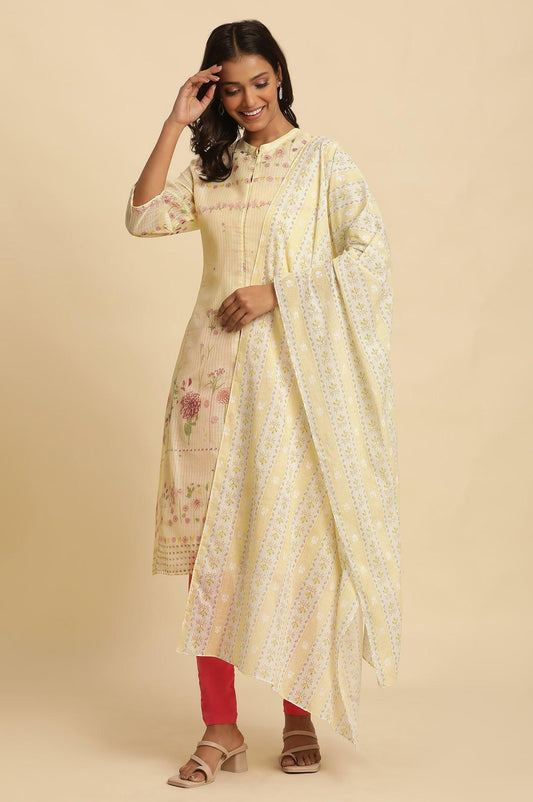W for Woman Yellow Floral Printed Cotton Dupatta