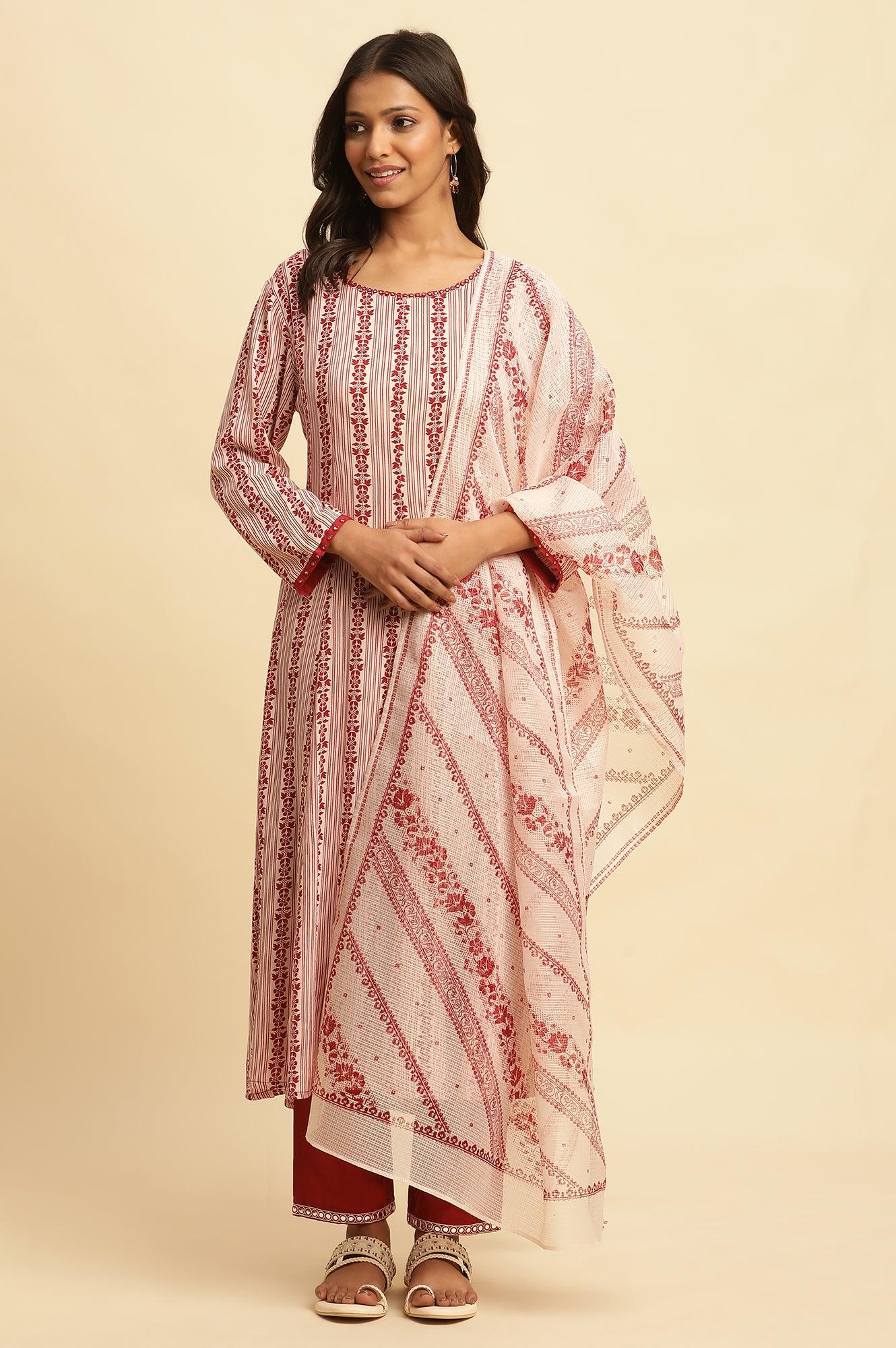 W for Woman White And Red Printed Kota Dupatta
