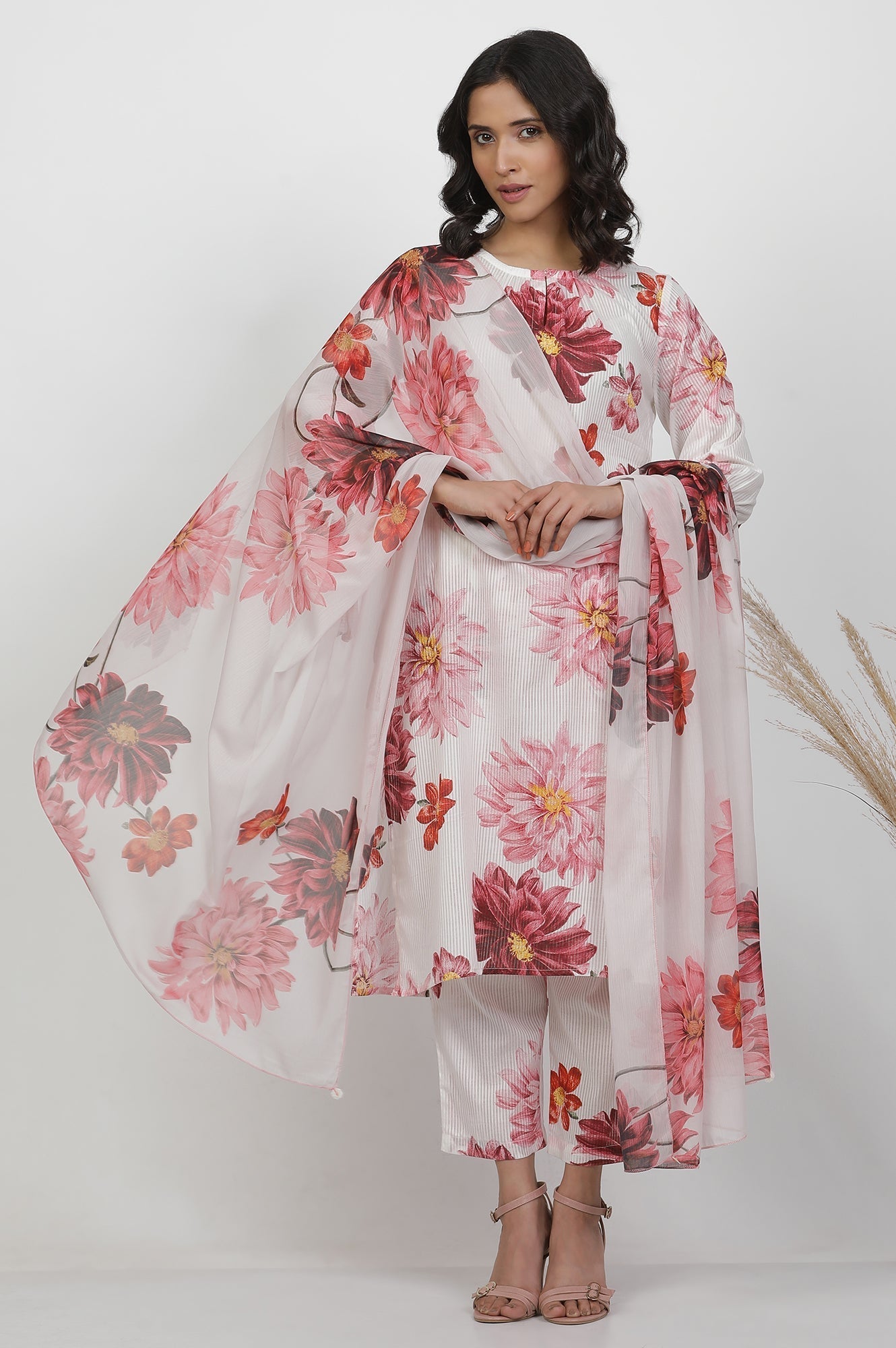 W for Woman White Bold Floral Printed Dupatta