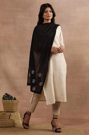 W for Woman Black Floral Embroidered Cotton Dupatta