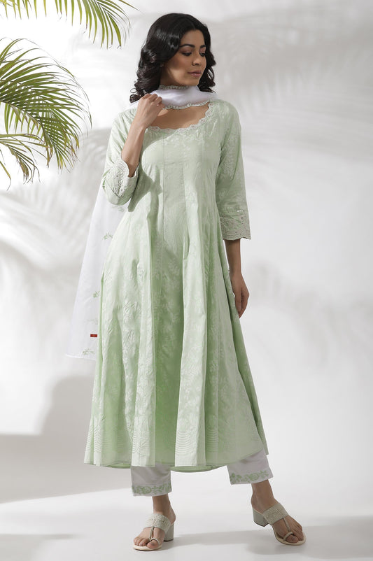 W for Woman Light Green Embroidered Panelled Kurta, Pants And Dupatta Set